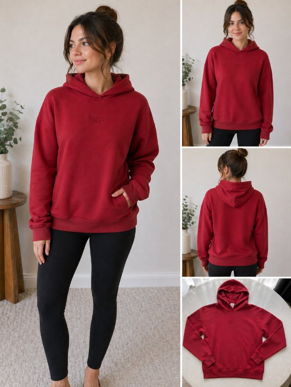 Reebok Hoodie Sweatshirt Red Embroidered Logo Womens Small
